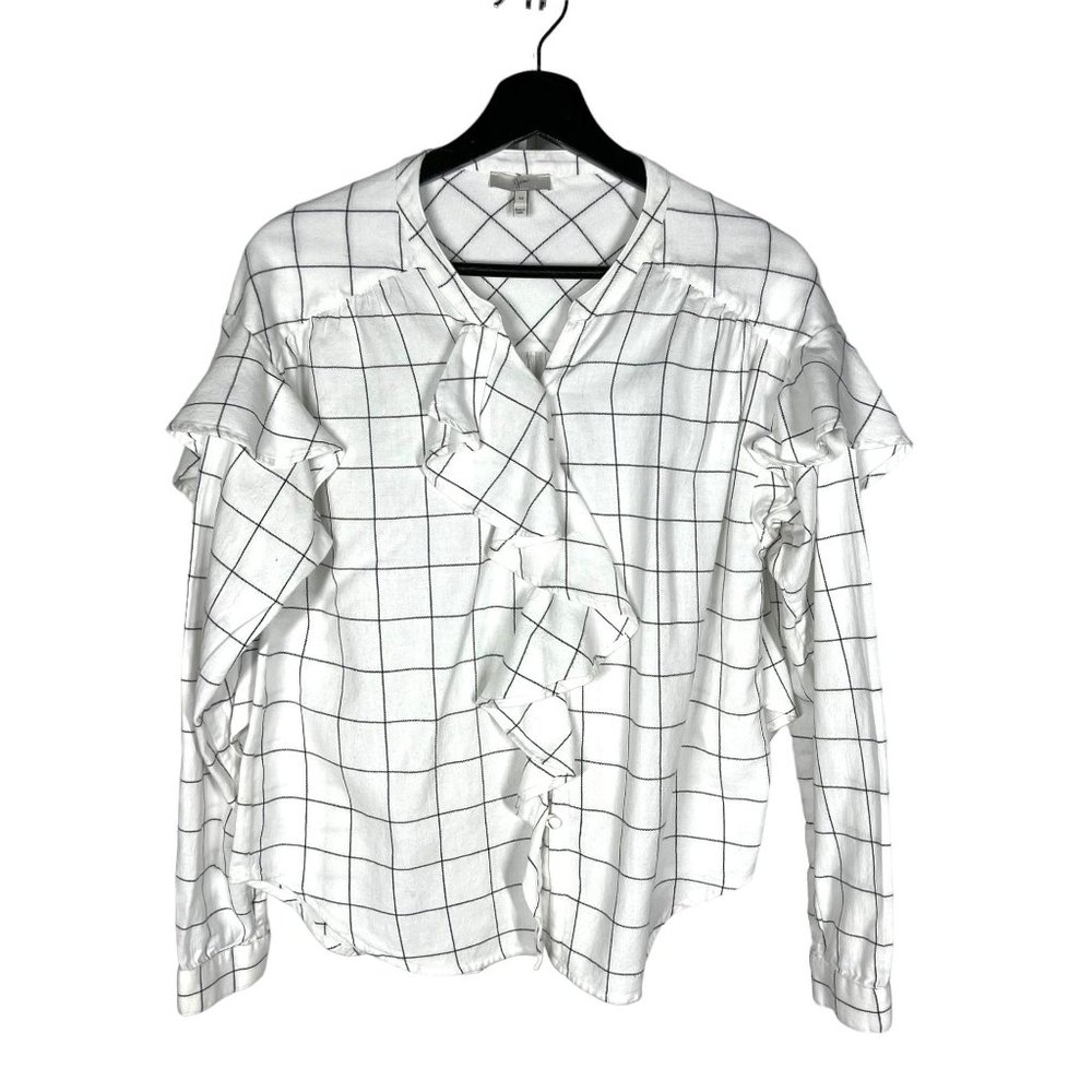 Joie Rangi Black White Windowpane Ruffle Long Sleeve Button Up Top Medium